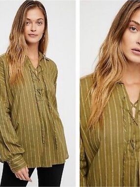 Free People Olive Stripe Lace-Up Women's Blouse size s